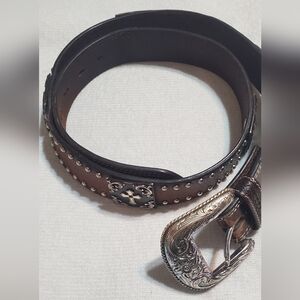 Ranger Brown Leather Belt with Intricate Silver Buckle And Cross Accents. Sz 36